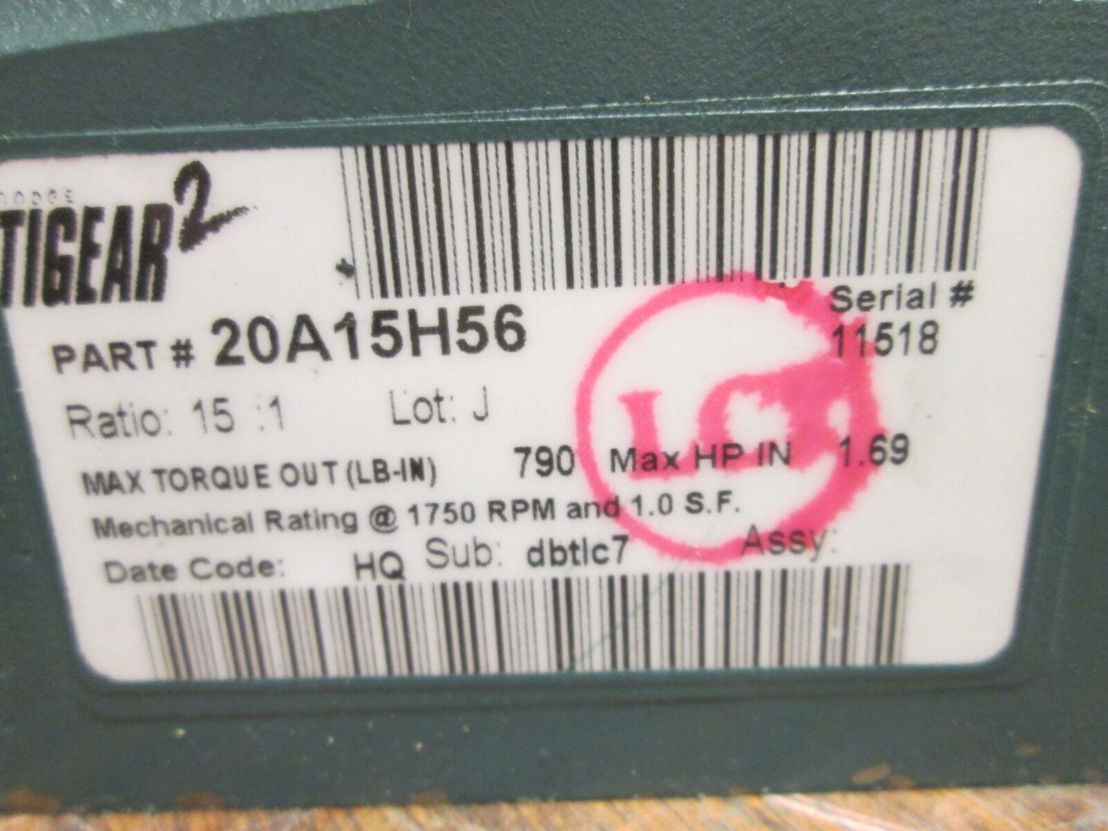 Dodge Tigear 2 Reducer 20A15H56 Ratio 15:1 1.69 HP-IN 790 LB-IN Torque Out