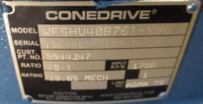 Conedrive Gearbox WFSHV40B761-Y9A Ratio 15:1 1750RPM Input *No Box* New Surplus