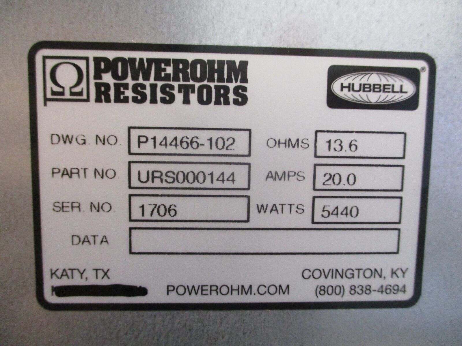 Powerohm Braking Resistor URS000144 13.6 Ohm New Surplus