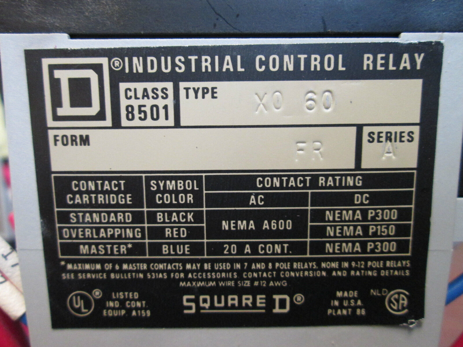 Square D Control Relay 8501 XB-40 X060 Base 8NC, 12 Total Max Poles 120V Coil
