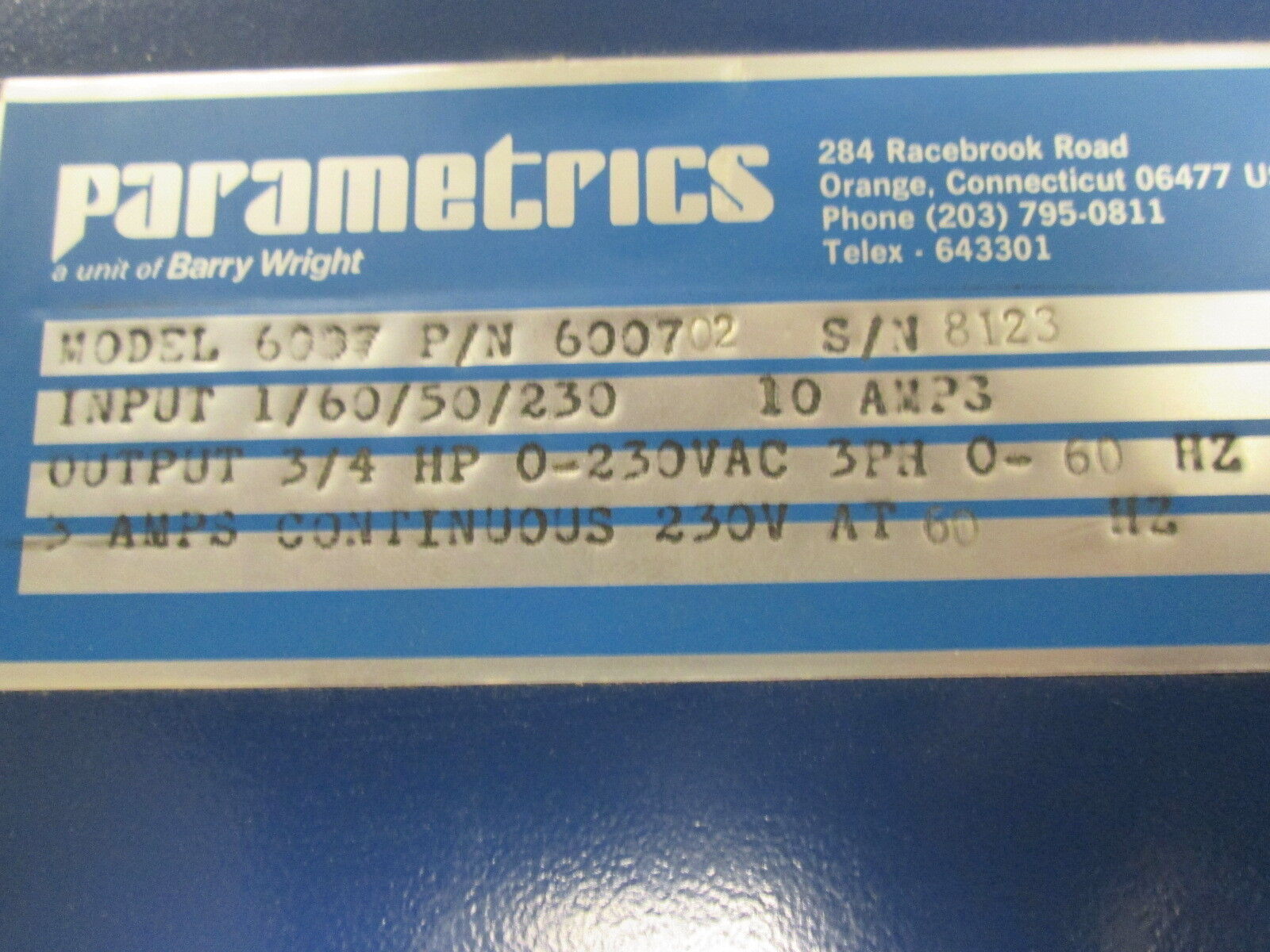 Parametrics FHP Parajust AC Motor Speed Control 600702, 3/4HP Used