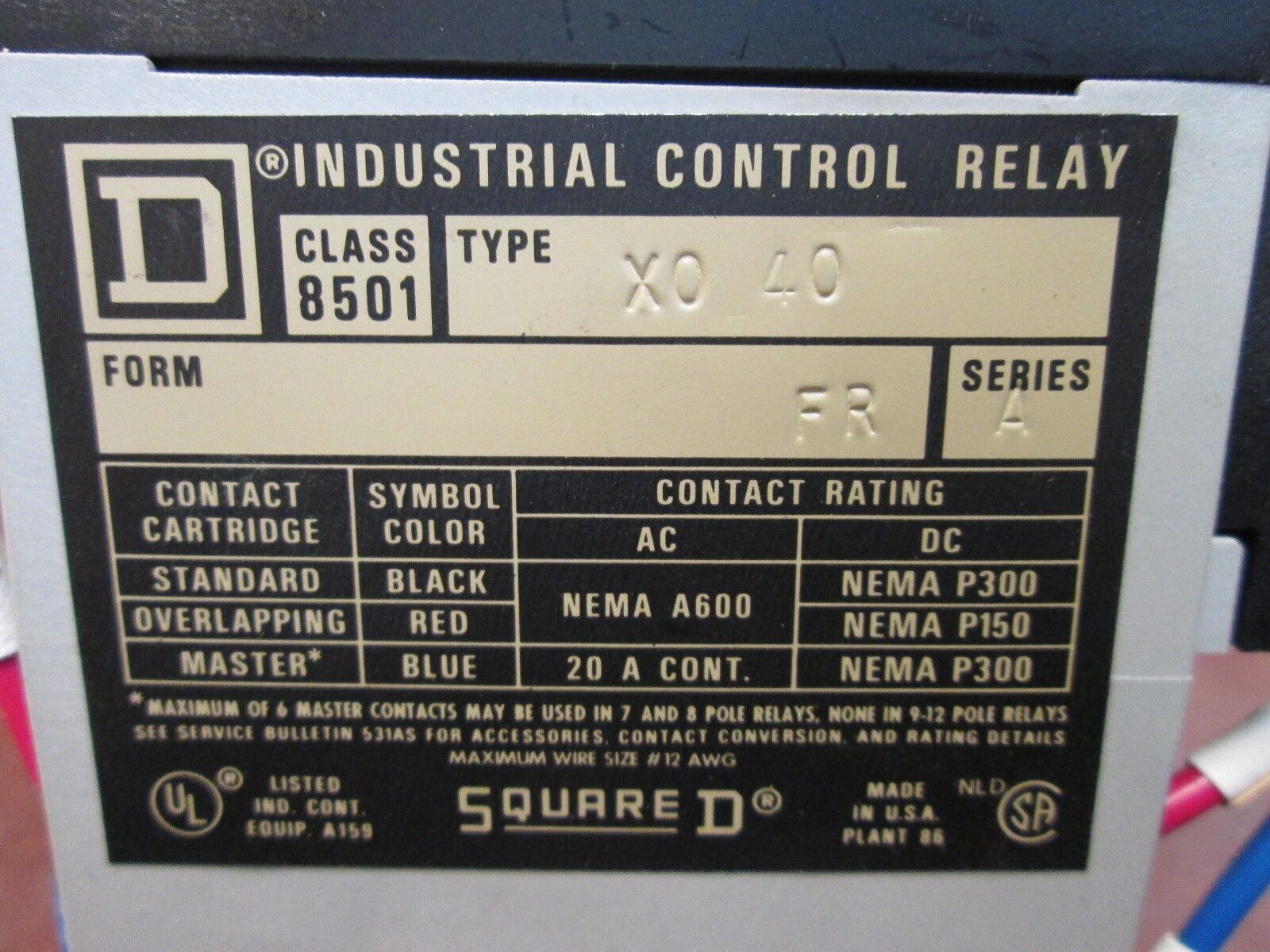 Square D Control Relay 8501 XB-40 120V Coil 8NC, 12 Total Max Poles Used
