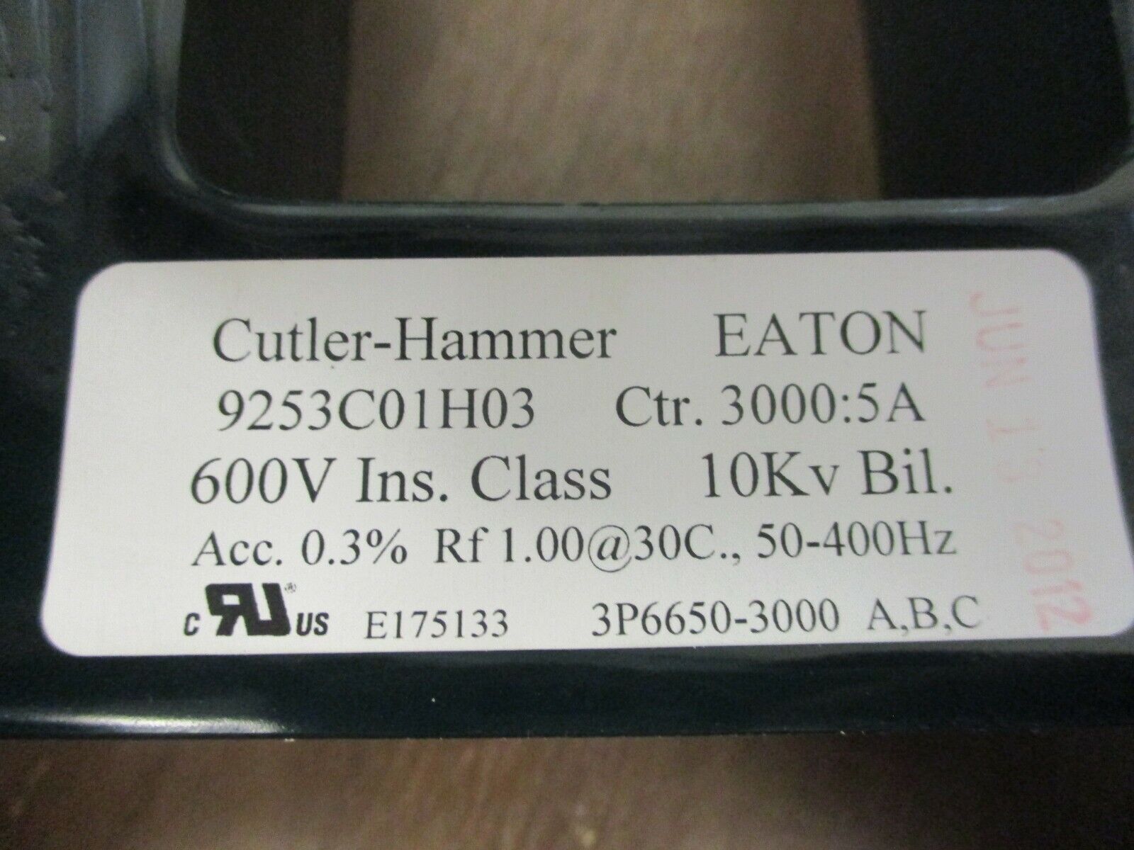 Cutler-Hammer Ground Fault Sensor 9253C01H03 Ratio 3000:5A 600V 10kV BIL