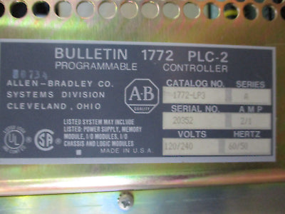 Allen-Bradley 1772 PLC-2/30 Programmable Controller 1772-LP3 Ser. A 120/240V