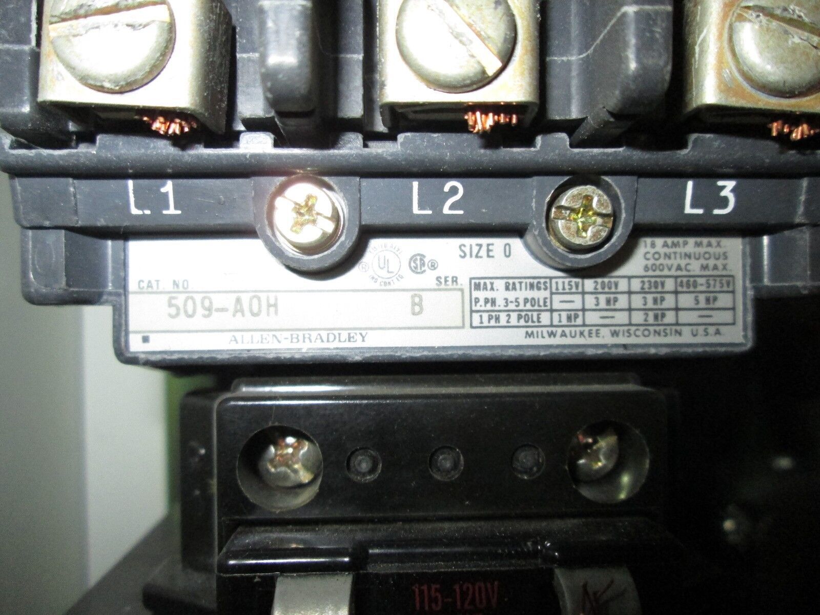 Allen-Bradley Fusible Combination 509-A0H Size 0 Coil Voltage 120V Used
