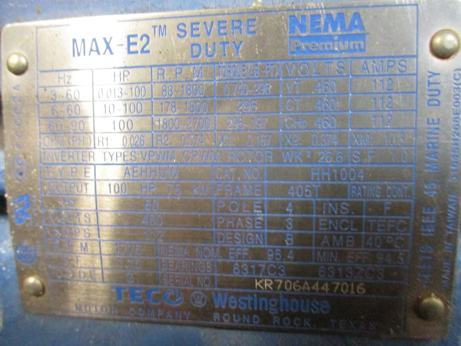 TECO Westinghouse AEHHUW Max-E2 Severe Duty AC Motor HH1004 1800RPM 100HP 112A