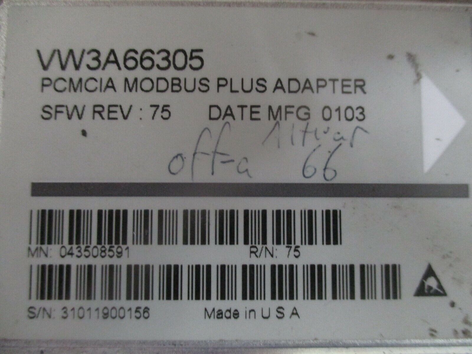 Square D PCMCIA Modbus Plus Adapter VW3A66305 SFW Rev. 75 Used