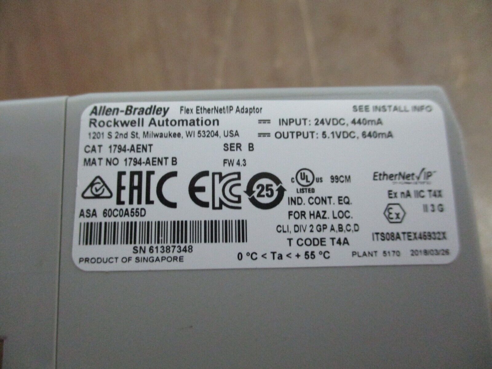 Allen-Bradley Flex EtherNet/IP Adapter 1794-AENT Ser. B F/W: 4.3 Used