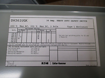Cutler-Hammer Non-Fusible Safety Switch DH361UGK 30A 600V 3P Type 1 New Surplus