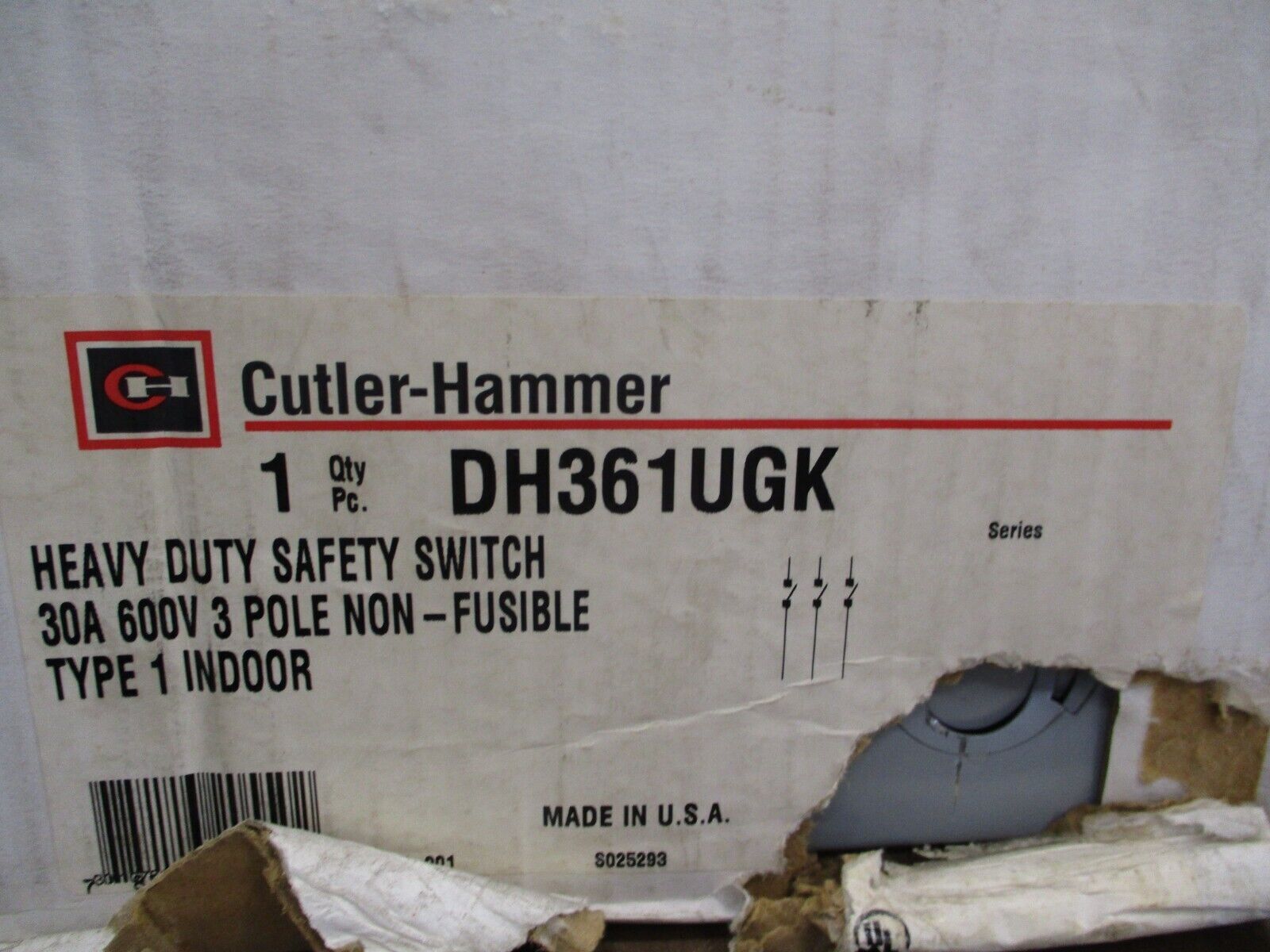 Cutler-Hammer Non-Fusible Safety Switch DH361UGK 30A 600V 3P Type 1 New Surplus