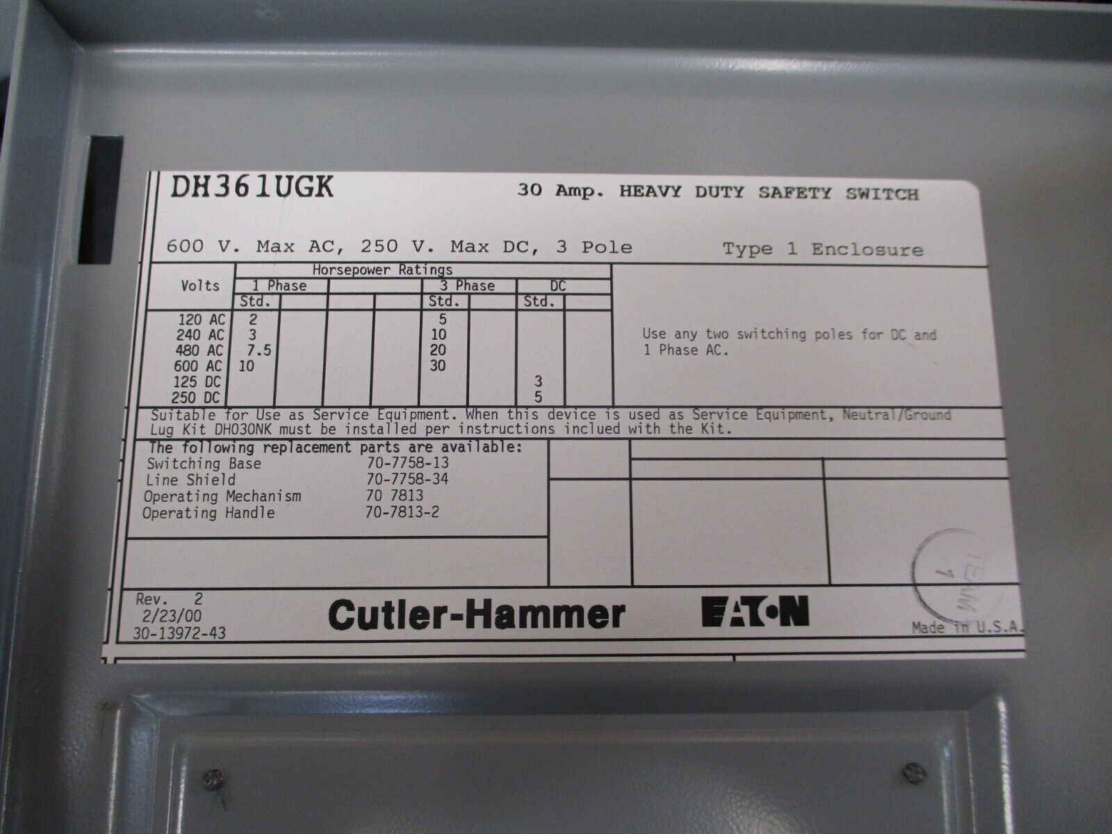 Cutler-Hammer Non-Fusible Safety Switch DH361UGK 30A 600V 3P Type 1 New Surplus