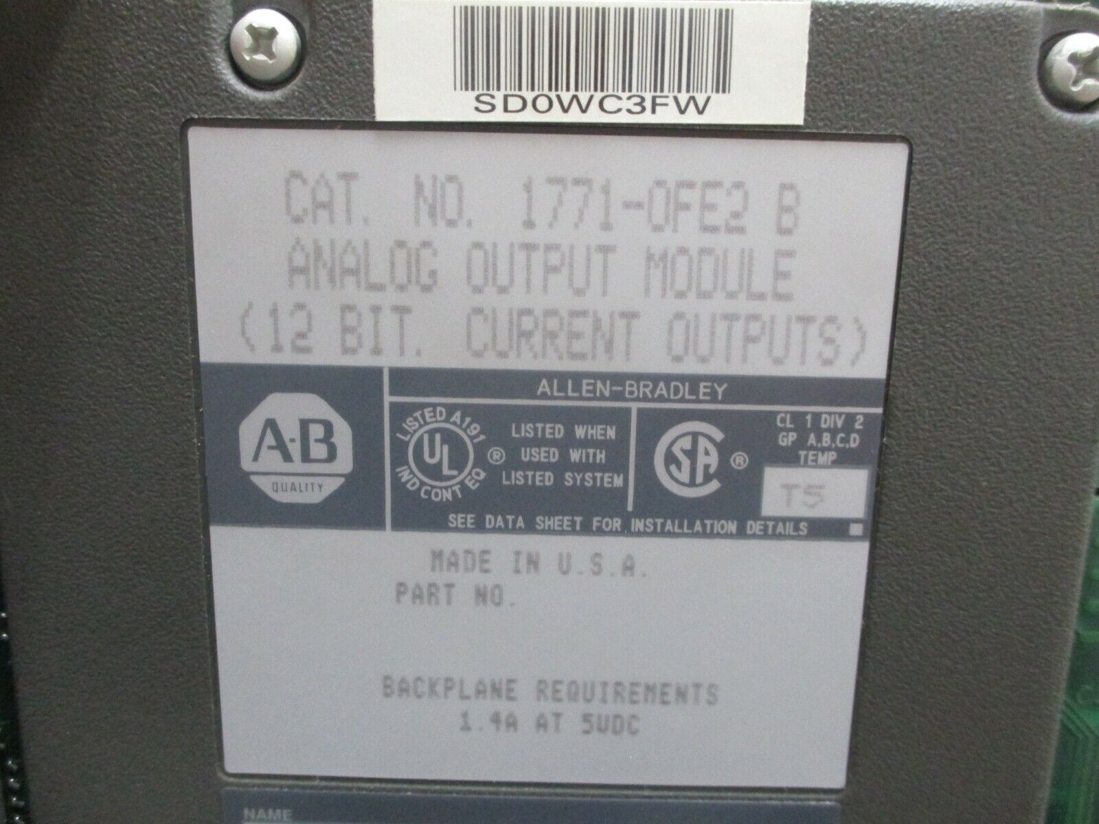 Allen-Bradley Analog Output Module 1771-OFE2 B 12-Bit Rev. B Ser. B 1.4A@5VDC