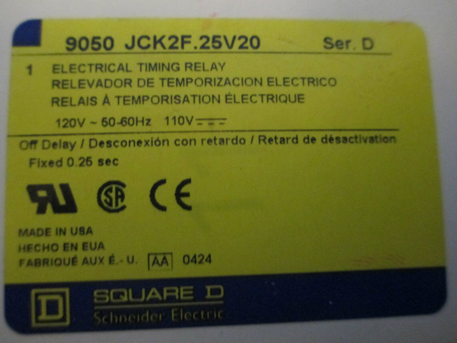 Square D 9050JCK2F.25V20 Electrical Timing Relay New in Box