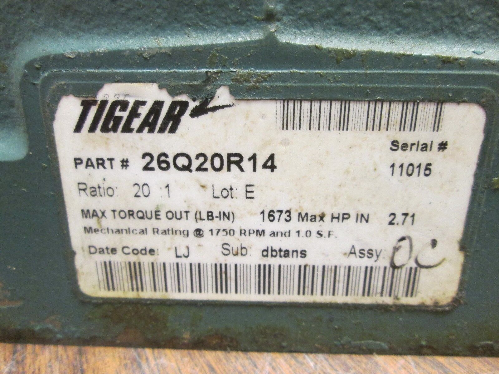 Dodge Tigear 2 Reducer 26Q20R14 Ratio 20:1 2.71 HP-IN 1673 LB-IN Torque Out Used