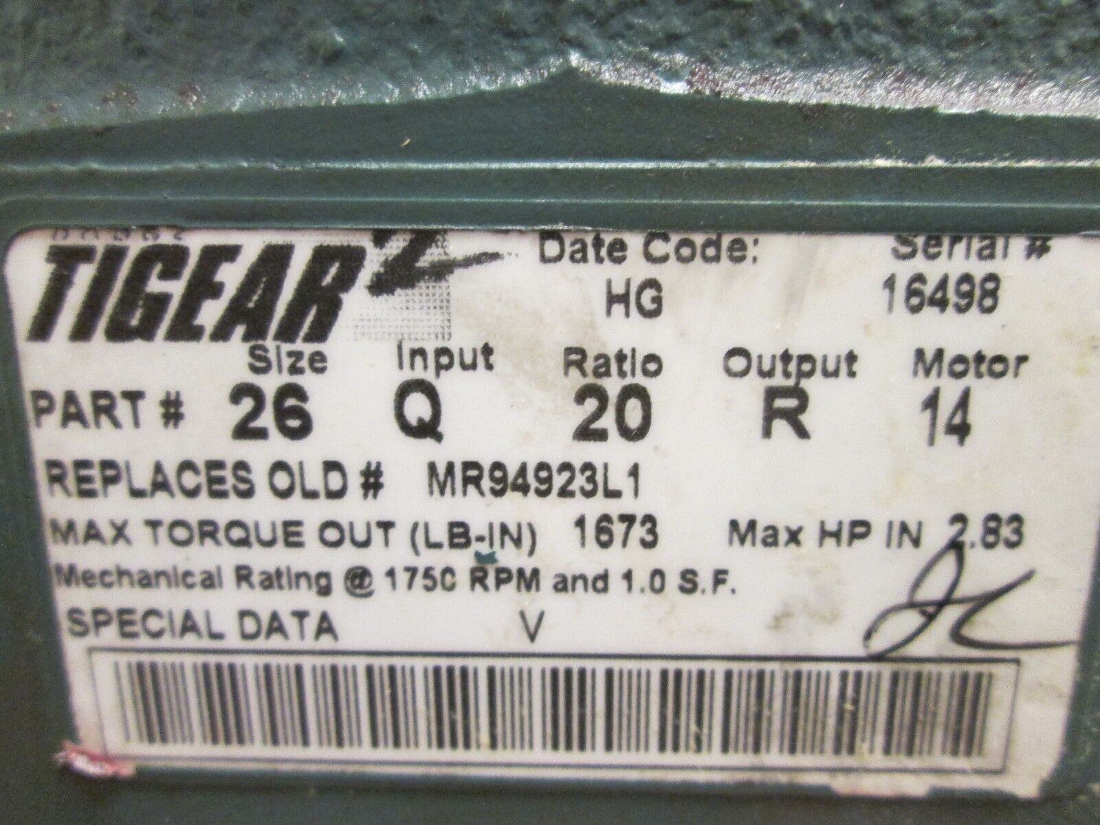 Dodge Tigear 2 Reducer 26Q20R14 Ratio 20:1 2.71HP-IN 1673 LB-IN Torque Out Used