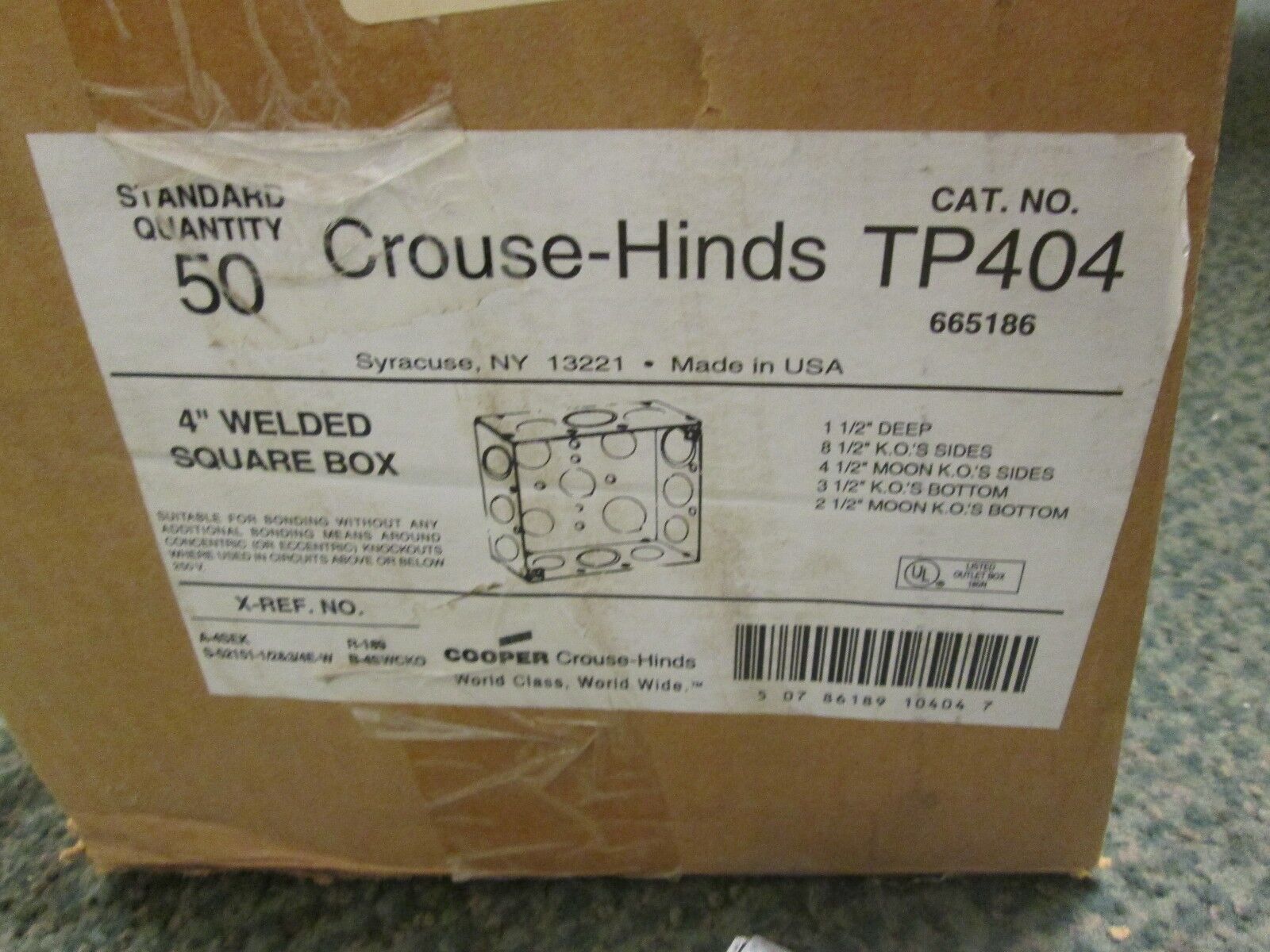 Crouse Hinds Outlet Box TP404 4" Square 1-1/2" Deep 1/2" KOs Box of 48