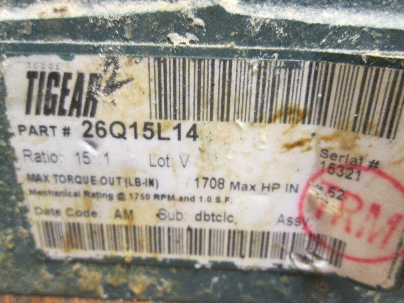 Dodge Tigear 2 Reducer 26Q15L14 Ratio 15:1 3.62 HP-IN 1708 LB-IN Torque Out Used