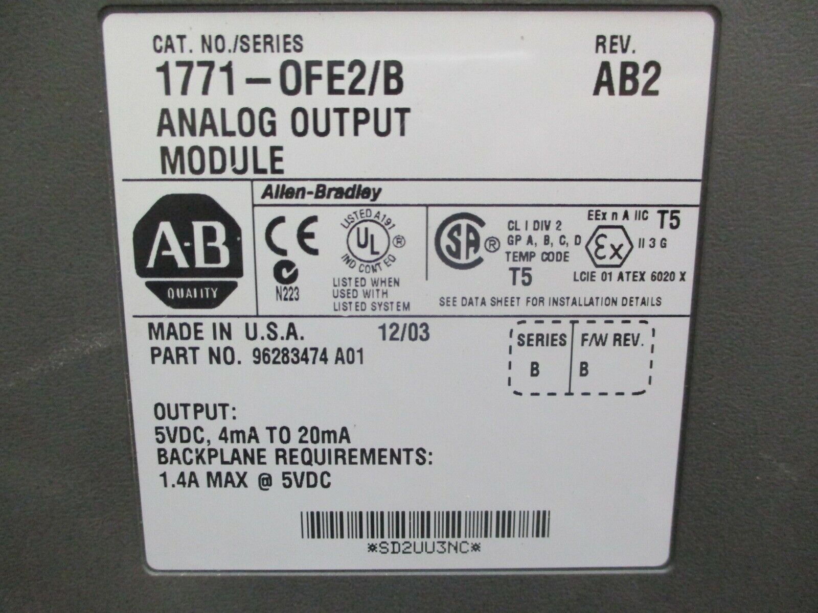 Allen-Bradley Analog Output Module 1771-OFE2/B Ser. B Rev. AB2 F/W Rev: B Used