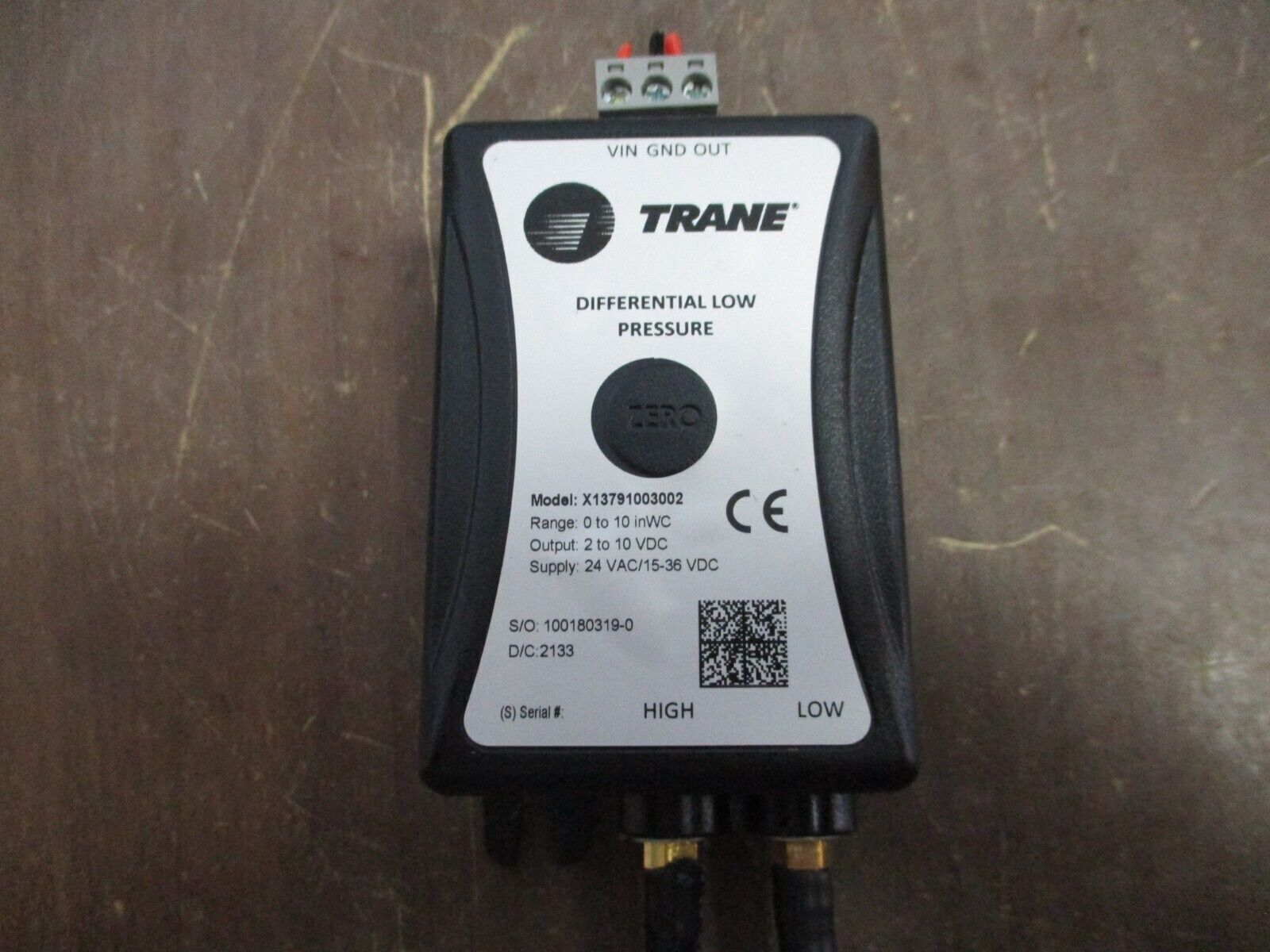 Trane Low Pressure Differential Sensor X13791003002 Range: 0-10in WC Used