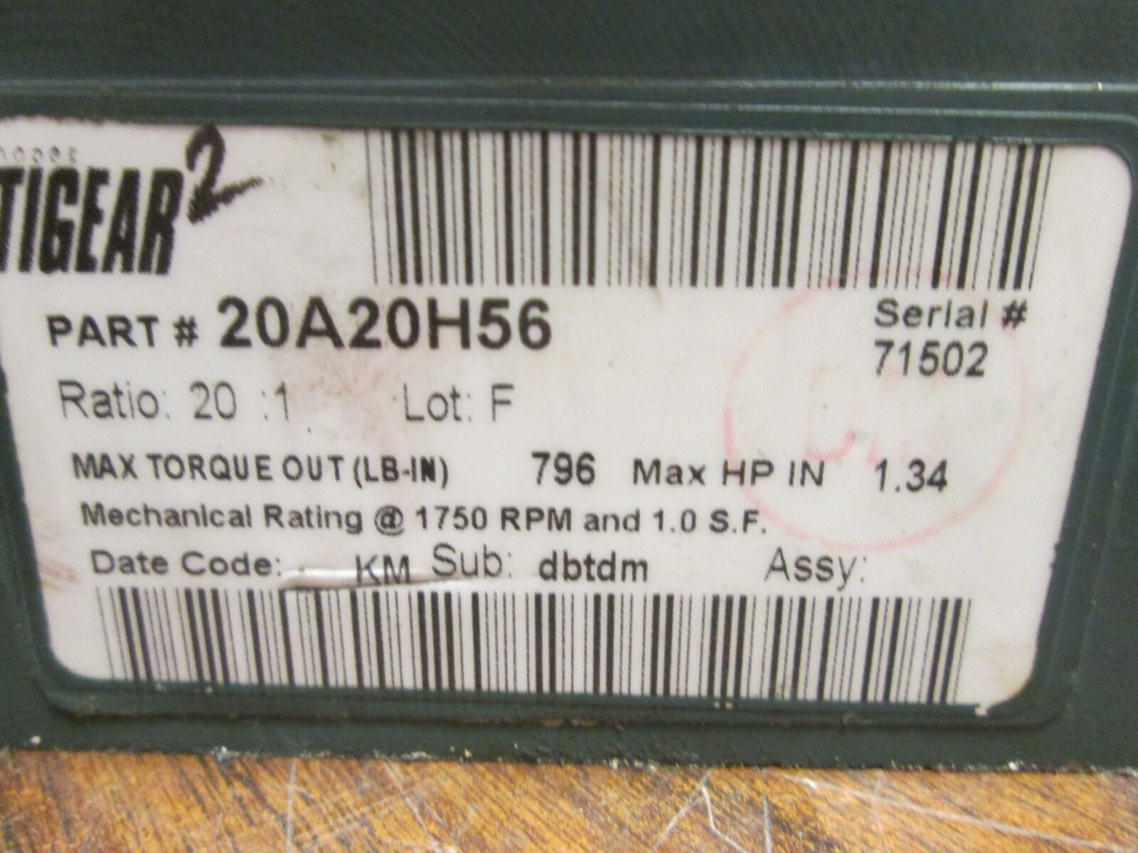 Dodge Tigear 2 Reducer 20A20H56 Ratio 20:1 1.34 HP-IN 796 LB-IN Torque Out Used