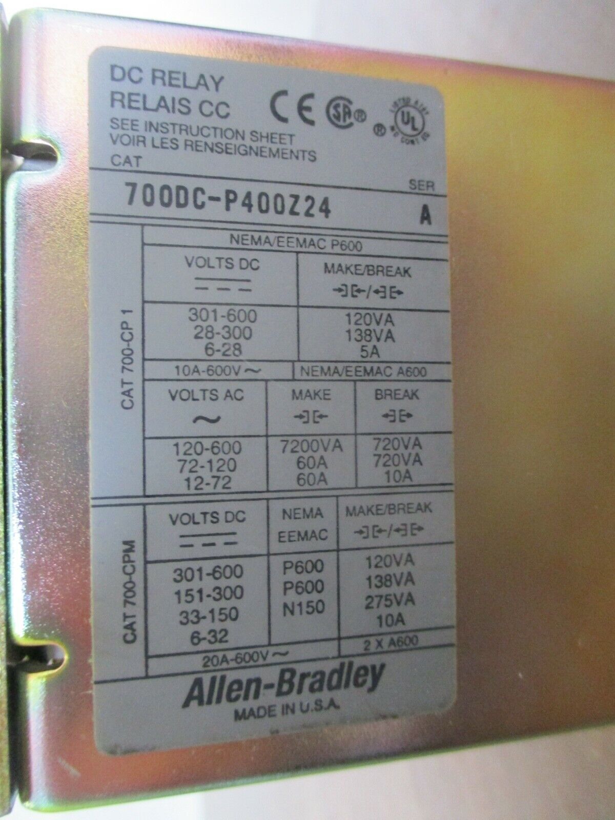 Allen-Bradley DC Relay 700DC-P400Z24 Ser. A 24VDC Coil 600V Used