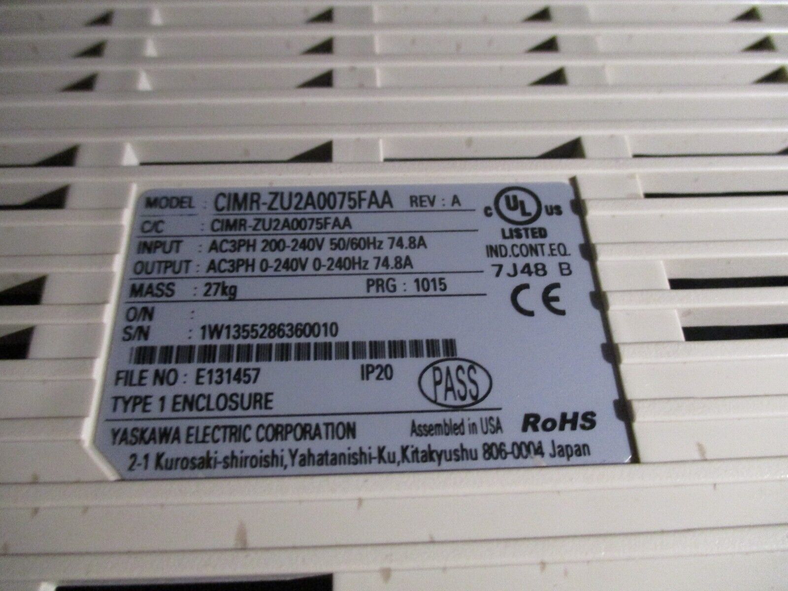 Yaskawa Z1000 AC Drive CIMR-ZU2A0075FAA Rev. A 25HP 3Ph w/ Keypad Used