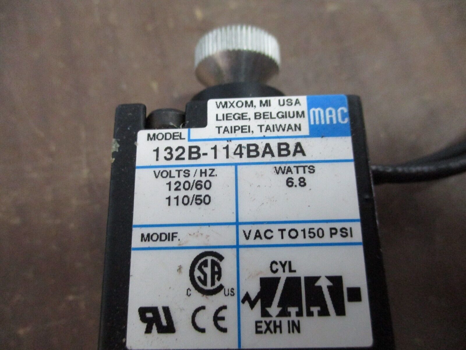 MAC Solenoid Valve 132B-114BABA 110/120V 50/60Hz 6.8W 150PSI Used