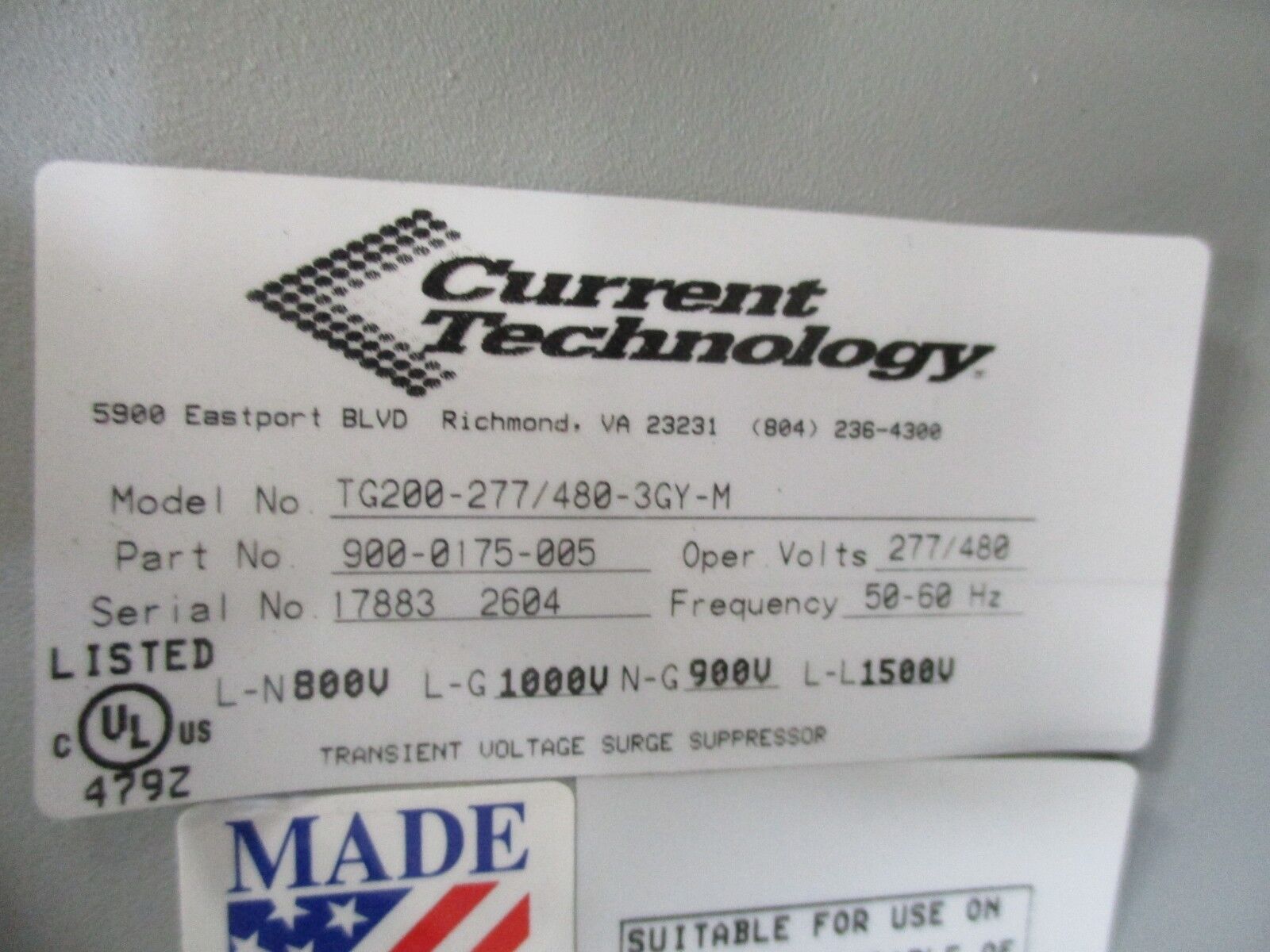 Current Technology TG200 TransGuard Surge Suppressor TG200-277/480-3GY-N Used