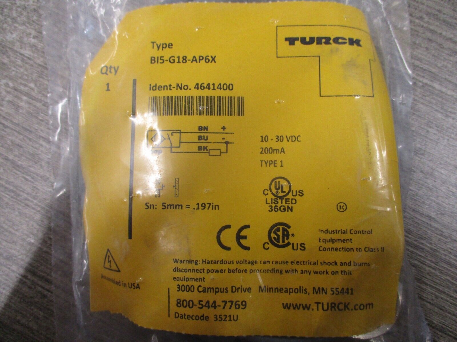 Turck Inductive Proximity Sensor BI5-G18-AP6X 10-30 VDC 200mA New Surplus
