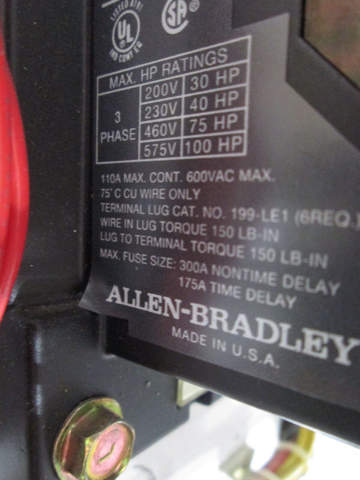 Allen-Bradley Power Supply 100-B110N*3 200A Fuses 110A Contact Used