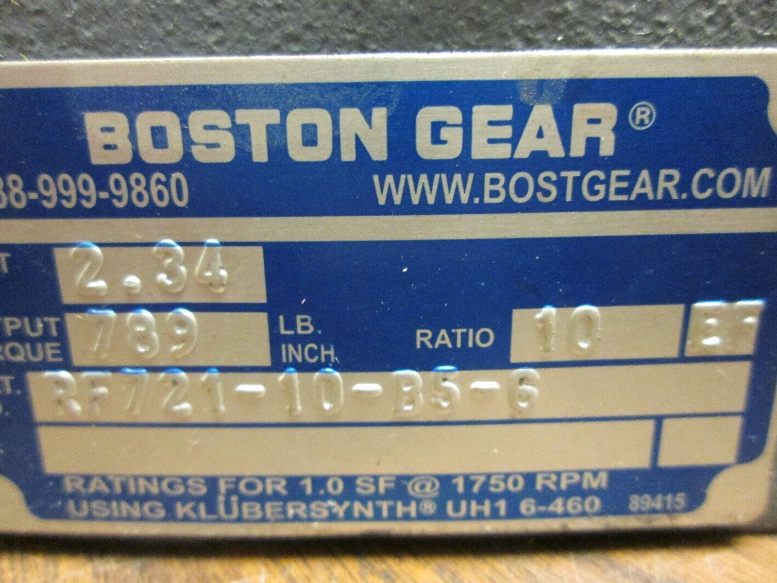Boston Gear Reducer RF721-10B5-G Ratio 10:1 2.34 HP IN 789 LB-IN Torque Out