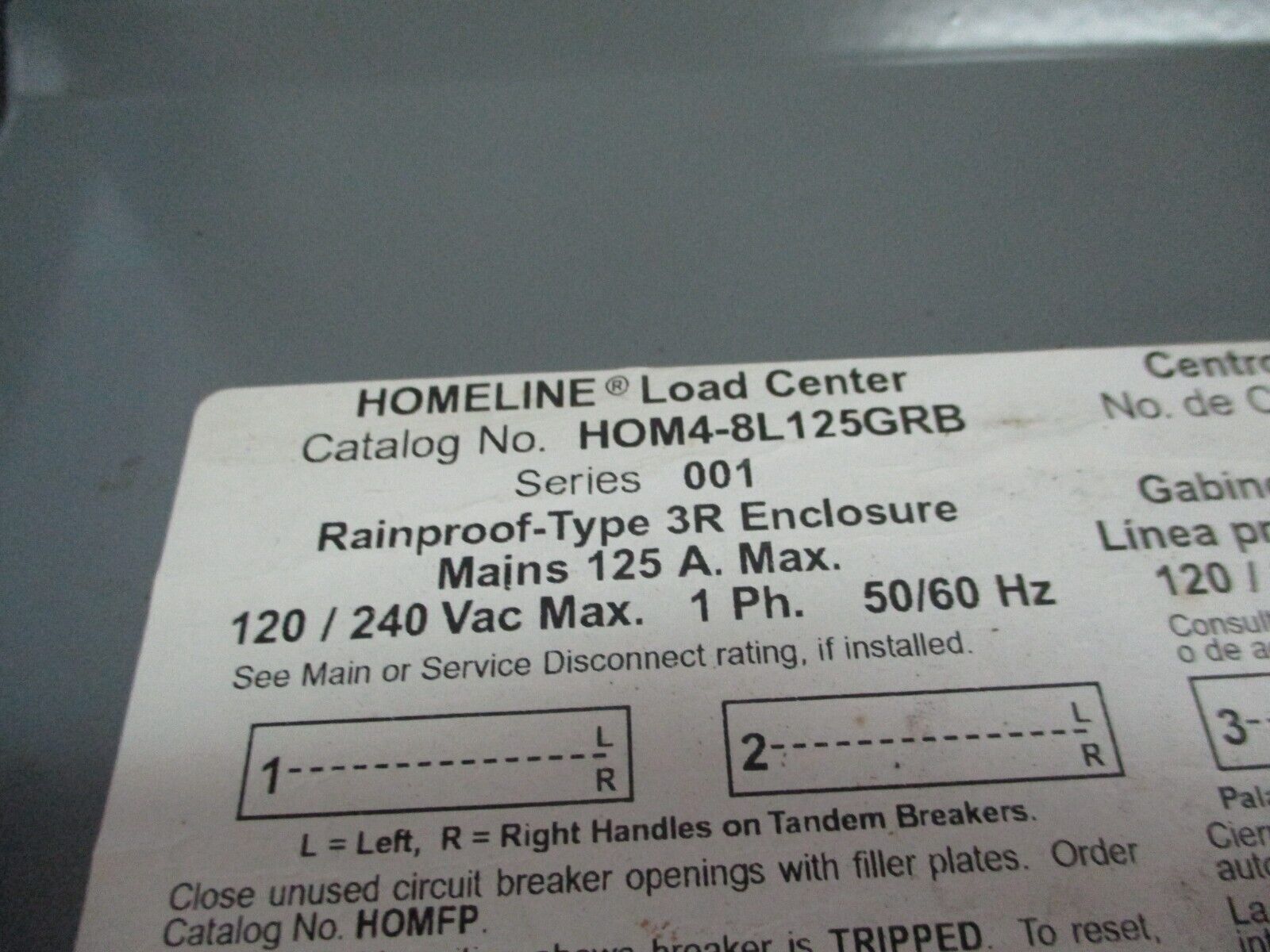 Square D Homeline 3R Load Center HOM4-8L125GRB Ser. 001 125A 120/240V 50/60Hz