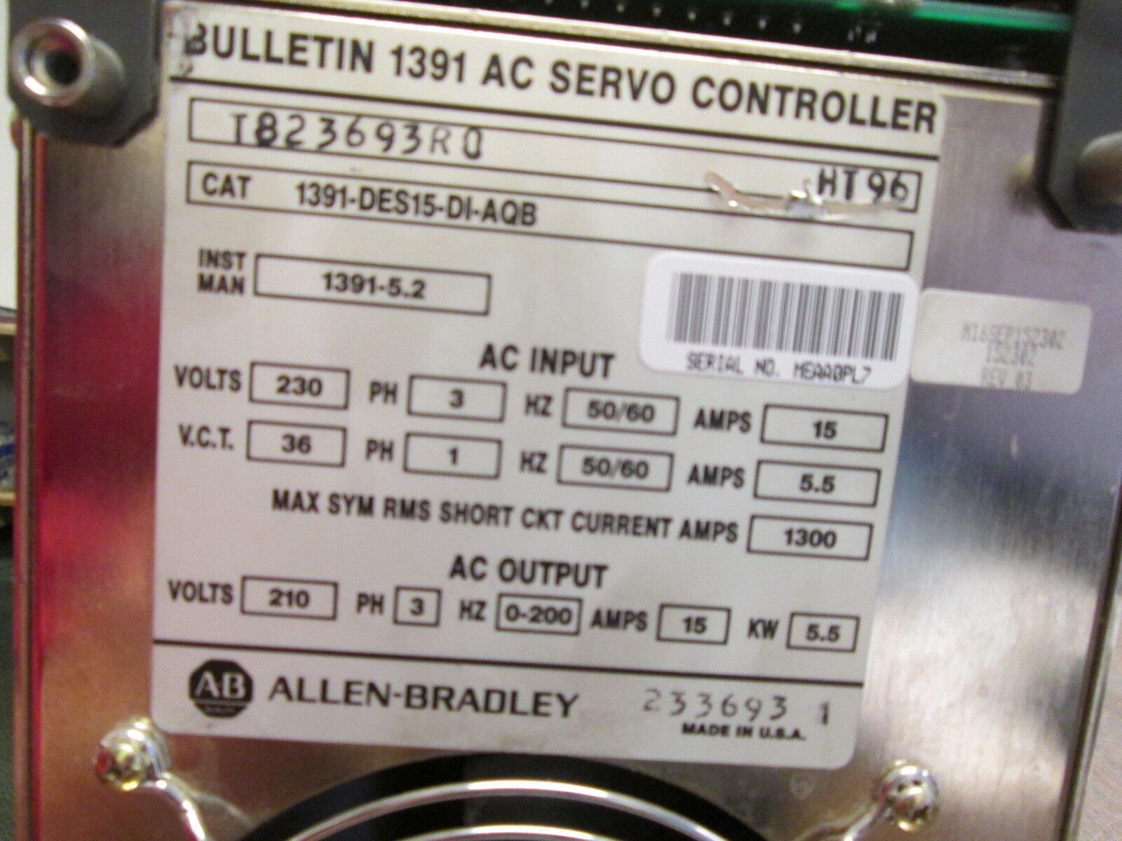 Allen-Bradley 1391 Digital AC Servo Drive 1391-DES15-DI-AQB 5.5KW Used