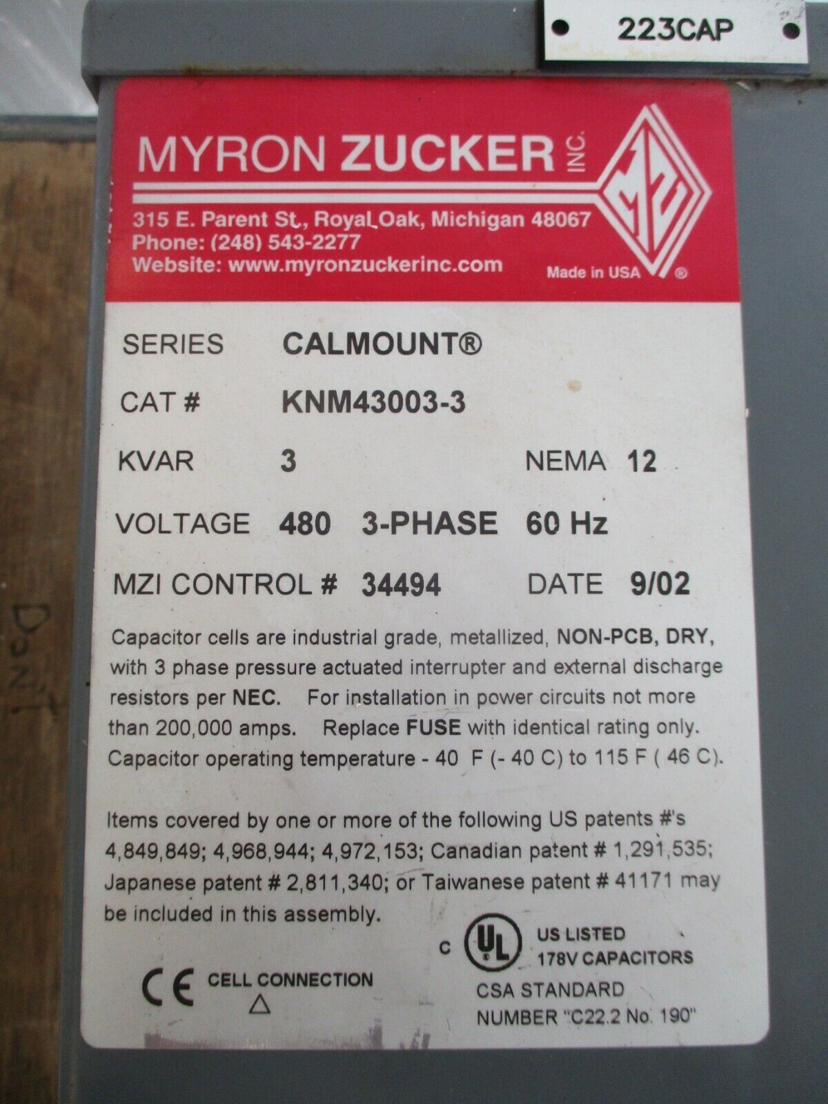 Myron Zucker Calmount Capacitor KNM43003-3 3KVAR 480V 3Ph 60Hz Nema 12 Used