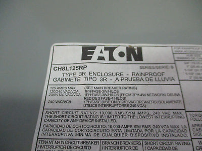 Eaton 3R Load Center CH8L125RP Ser. B 125A 120/240V 1Ph 8-Slot Used