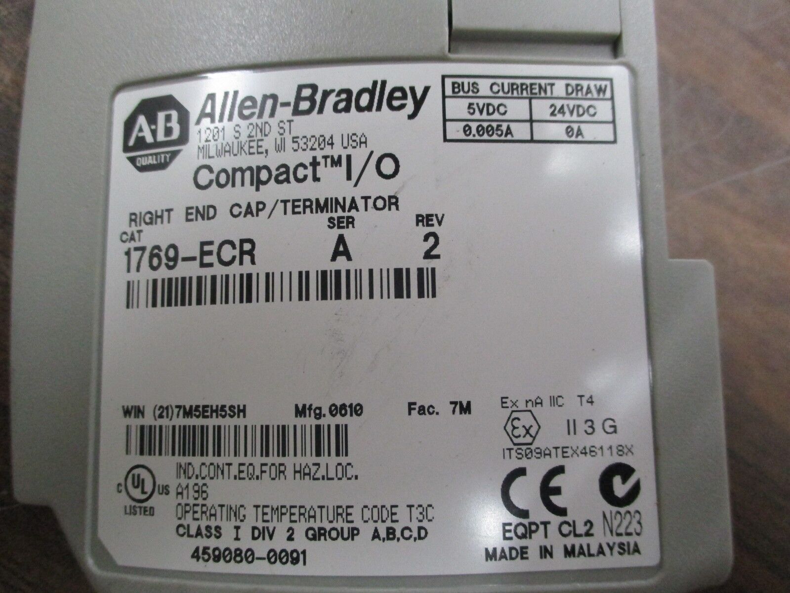 Allen-Bradley Compact I/O Right End Cap/Terminator 1769-ECR Ser. A Rev. 2 Used