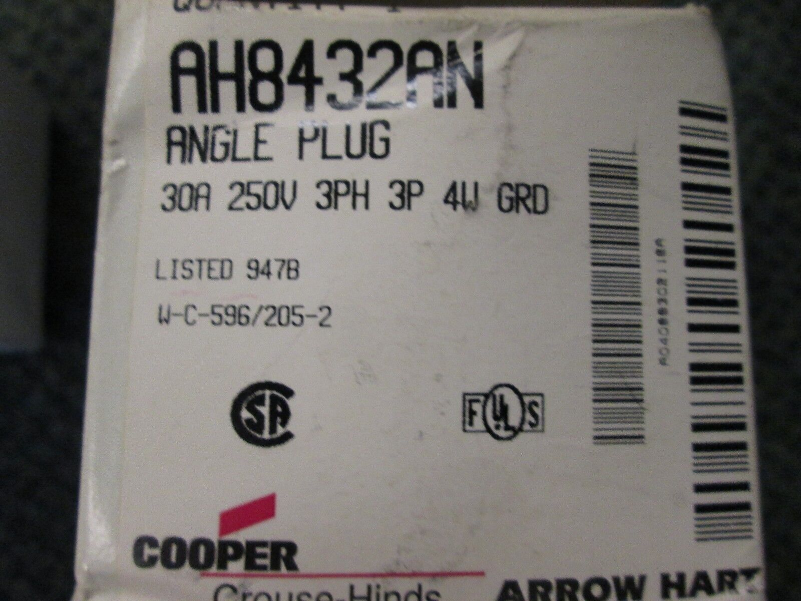 Arrow Hart Angle Plug AH8432AN 30A 250V 3P 4W 3Ph New Surplus