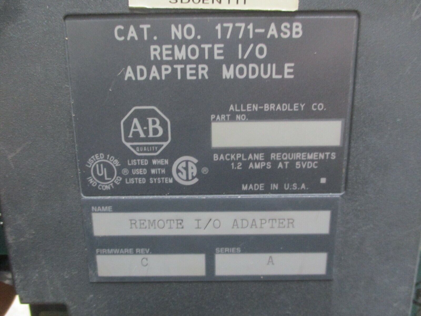 Allen-Bradley Remote I/O Adapter Module 1771-ASB Ser. A F/W Rev. C Used