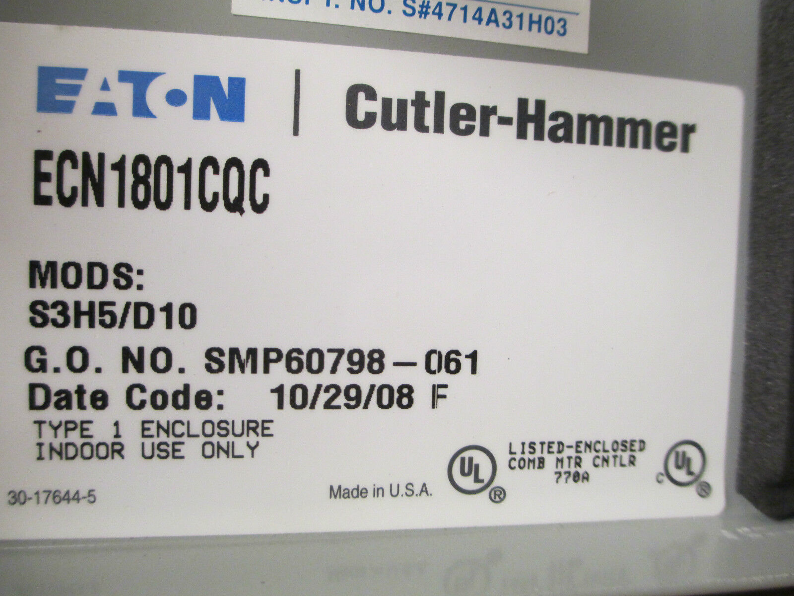 Cutler-Hammer Combination ECN1801CQC, Size 0, New Surplus