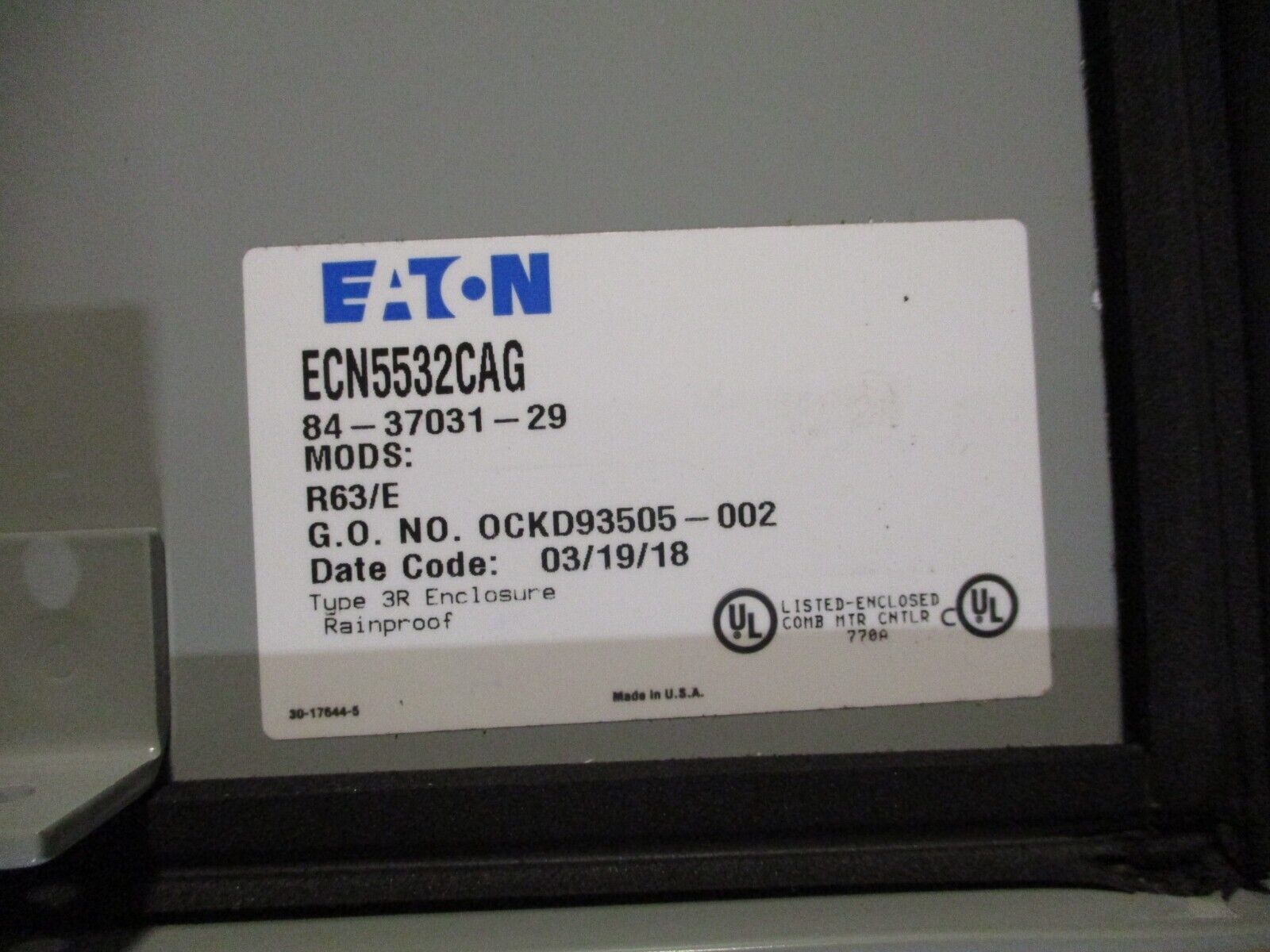 Eaton Size 3 Breaker Combination Pump Panel ECN5532CAG Mods: R63/E 460V Coil