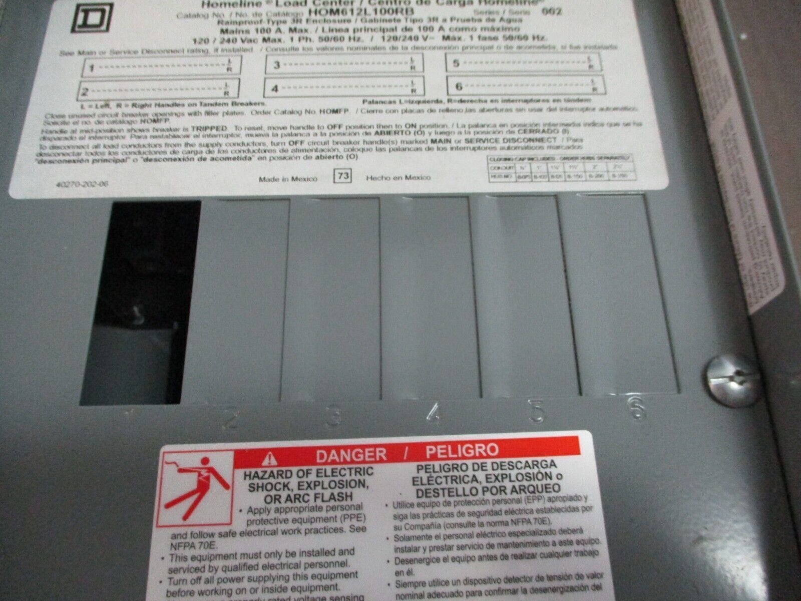 Square D Homeline 3R Load Center HOM612L100RB Ser. 002 100A 120/240V 1Ph 50/60Hz