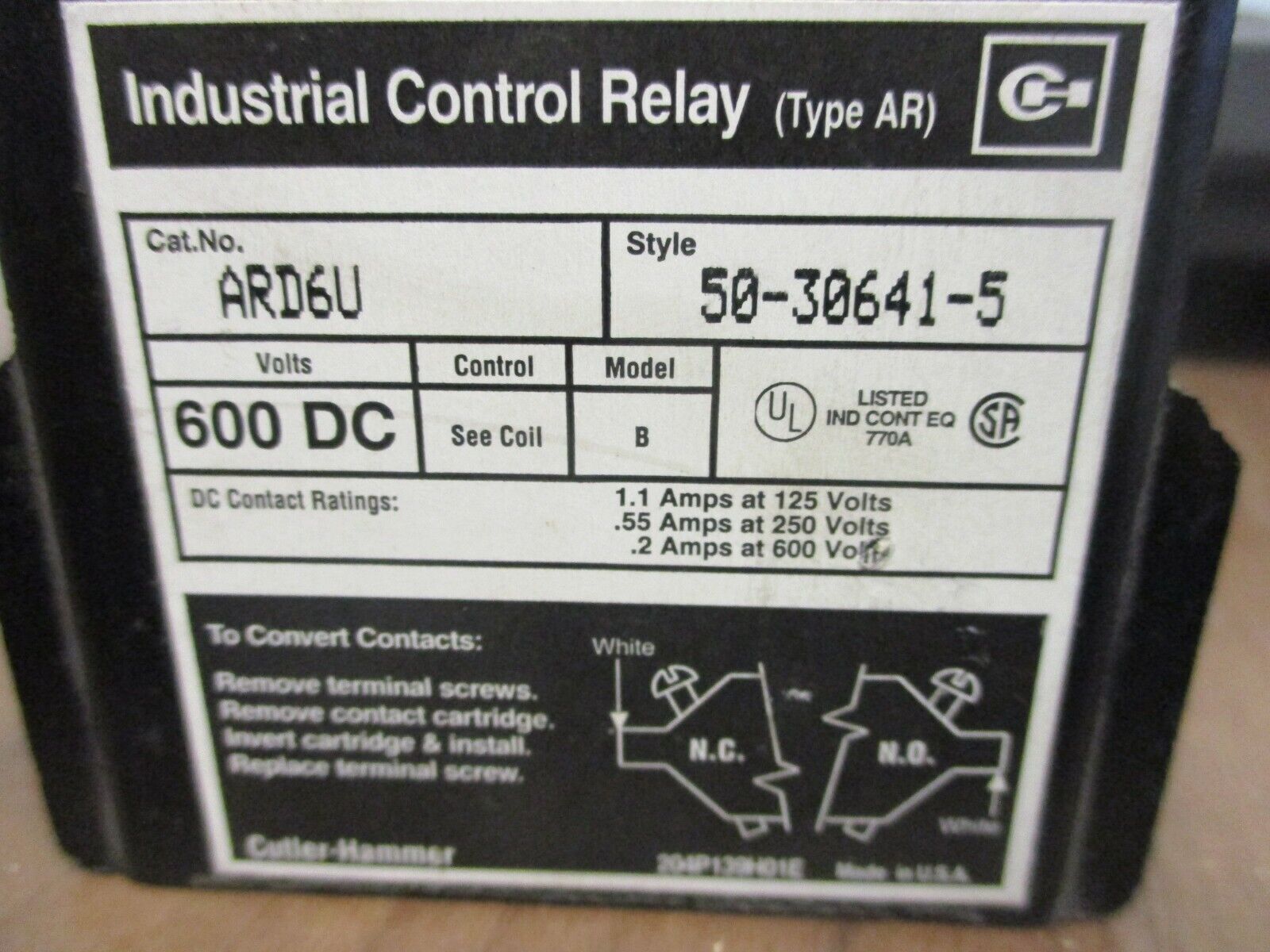 Cutler-Hammer Type AR Control Relay ARD6U 130VDC Coil 600VDC Used