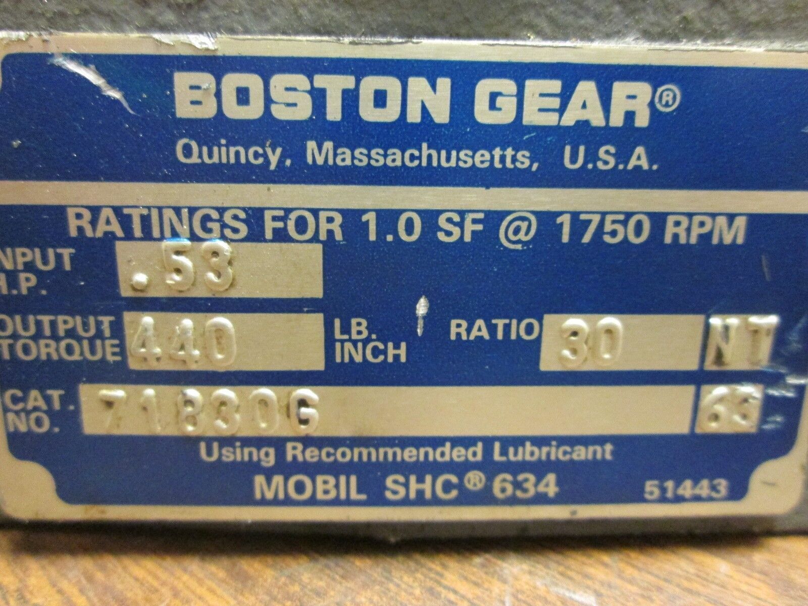 Boston Gear Reducer 71830G Ratio 30:1 0.53 HP IN 440 LB-IN Torque Out