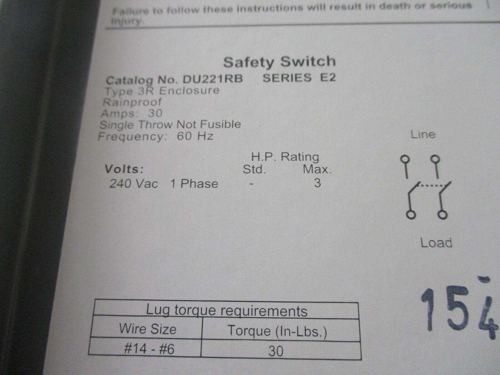 Square D 3R Non-Fusible Safety Switch/ Disconnect DU221RB 30A 240V 1Ph Used