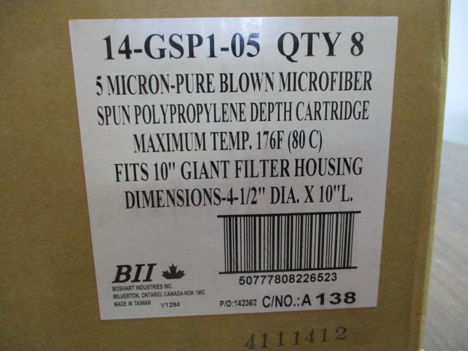 Boshart Depth Cartridge 14-GSP1-05 5 Micron Pure Blown Microfiber 176°F Max