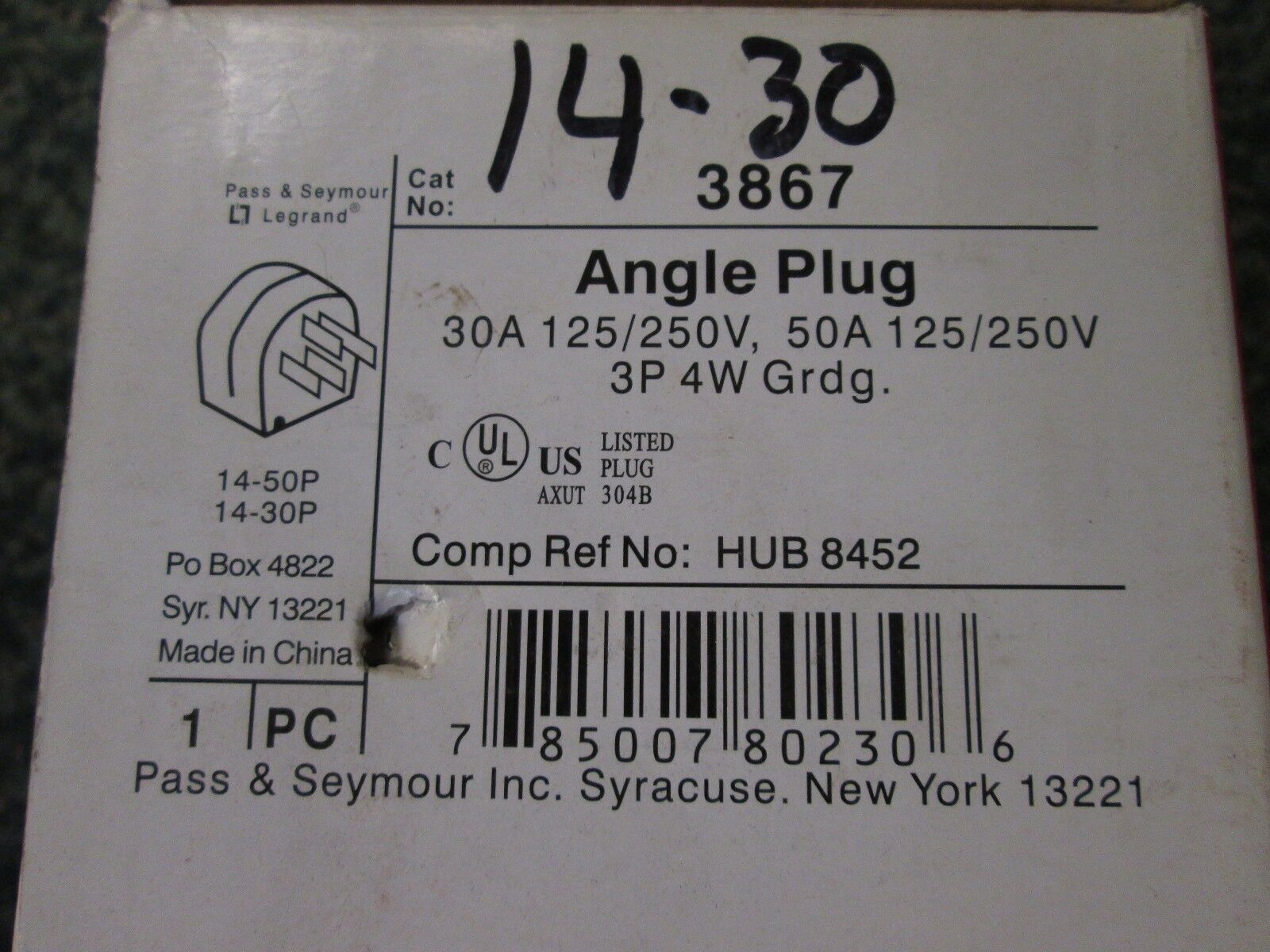 Pass & Seymour Angle Plug 3867 30/50A 125/250V 3P 4W New Surplus
