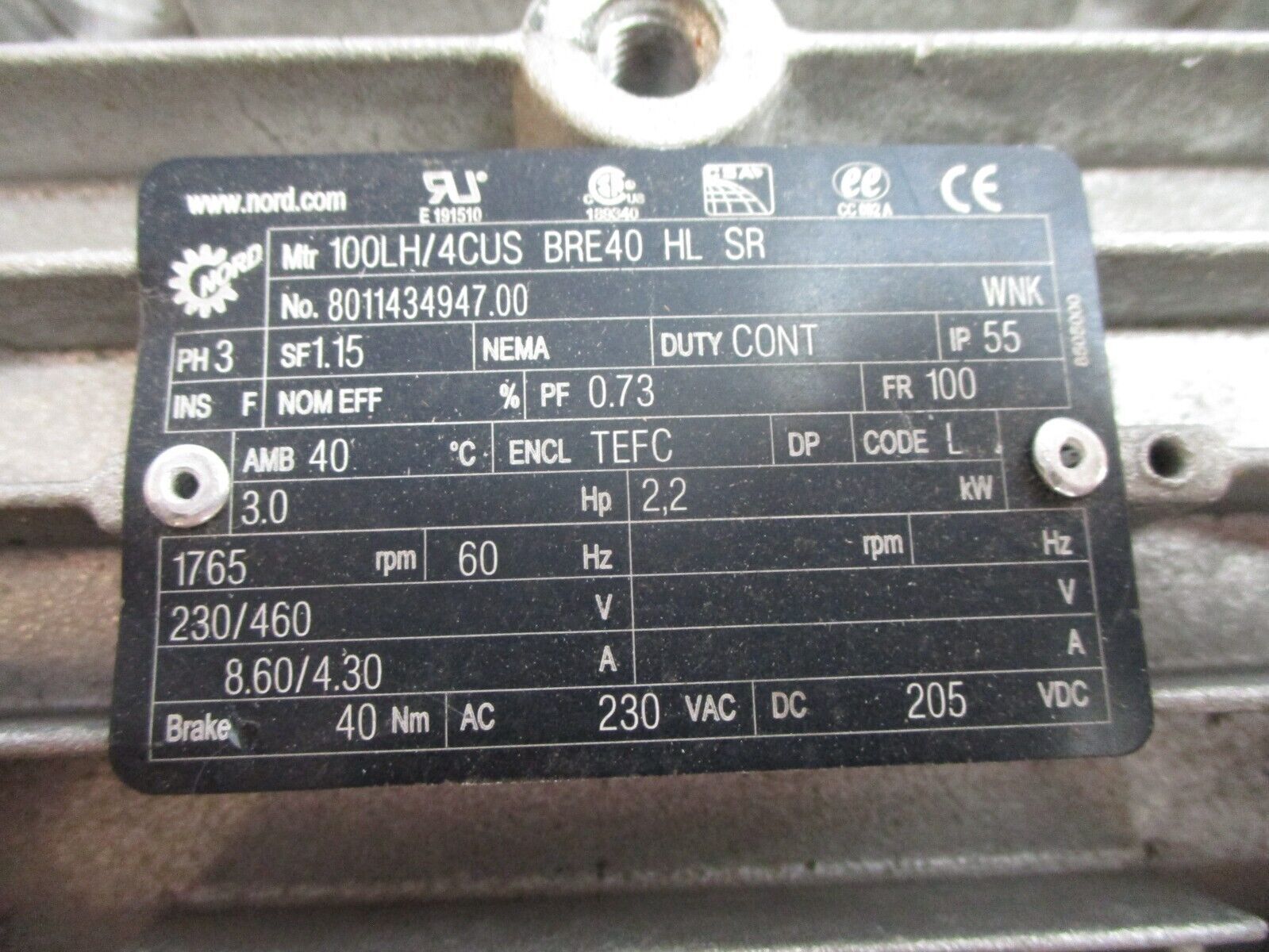 Nord Motor w/ Brake 100LH/4CUS BRE40 HL SR 3HP 1800RPM 230/460V 8.60/4.30A 60Hz