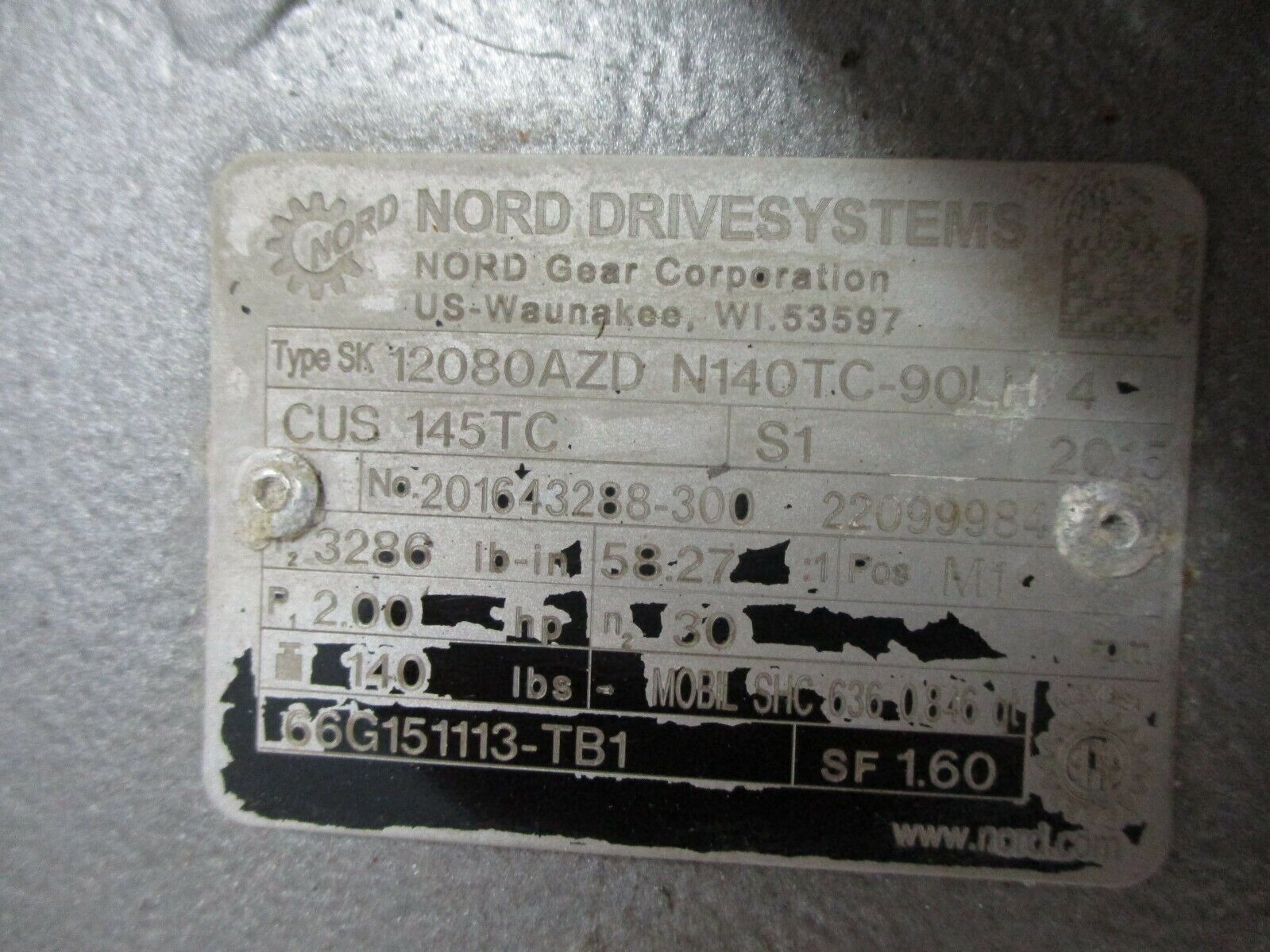 Nord Gear Reducer SK 12080AZD N140TC-90LH/4 Ratio 58.27:1 2HP In 30RPM Out Used