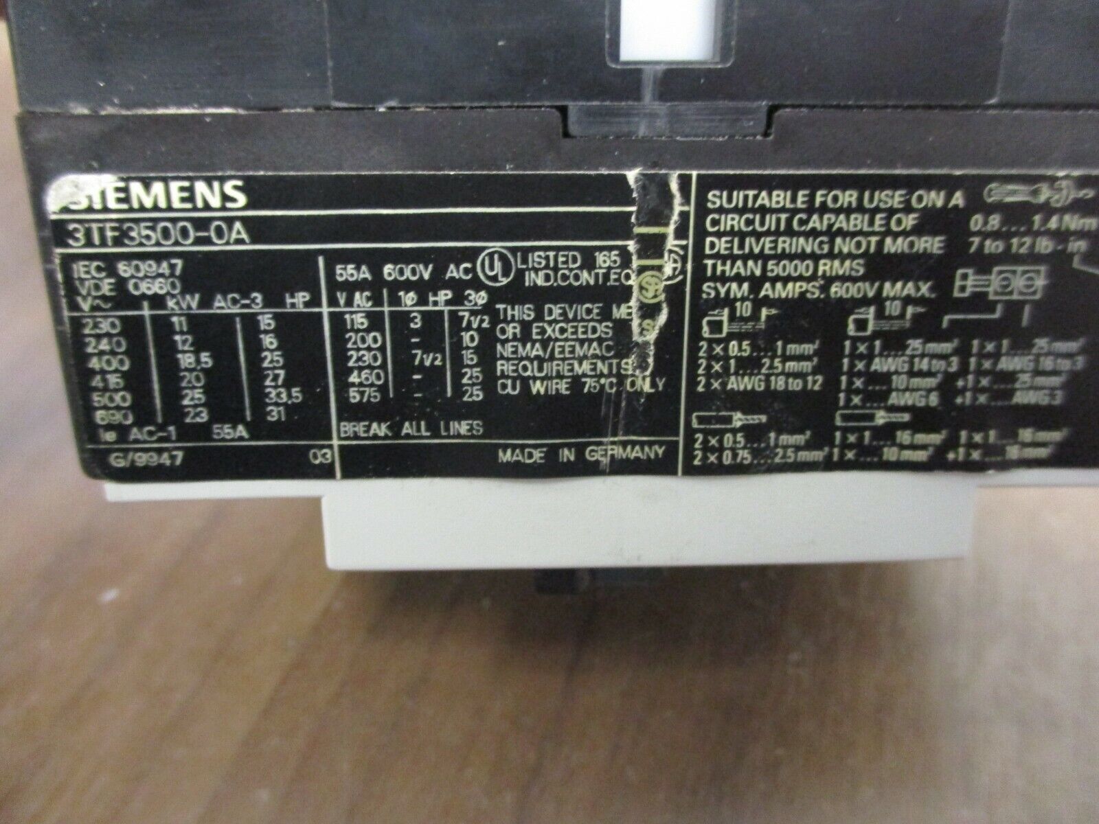 Siemens Contactor 3TF3500-0A 230V Coil 55A 600V Used