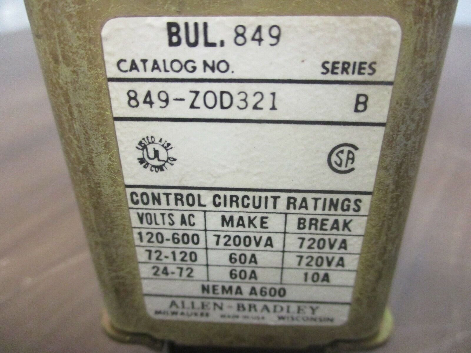 Allen-Bradley Pneumatic Timing Relay 849-ZOD321 Ser. B 120V Coil Used